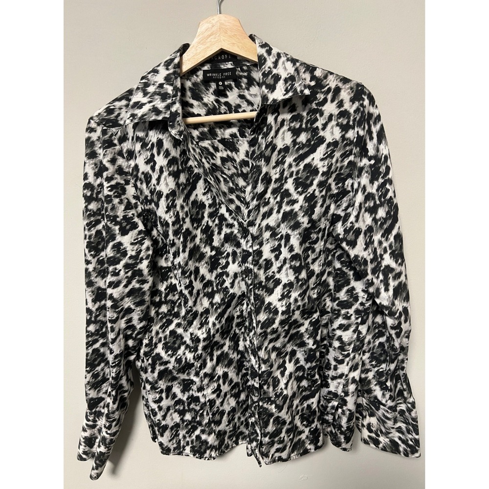 Foxcroft Button Down Shirt Womens 12 Black White Wrinkle Free Fitted Cotton